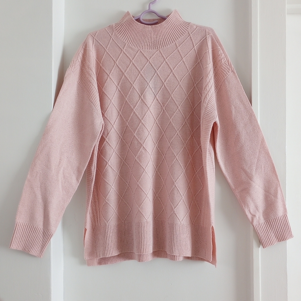 Briggs Blush Soft Pink Glittery Cable Knit Diamond Pattern Sweater Preppy Size L